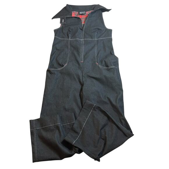 Annie Thompson Wide Leg Blue Denim Collared Jumpsuit Size Medium Sleeveless - Picture 1 of 5